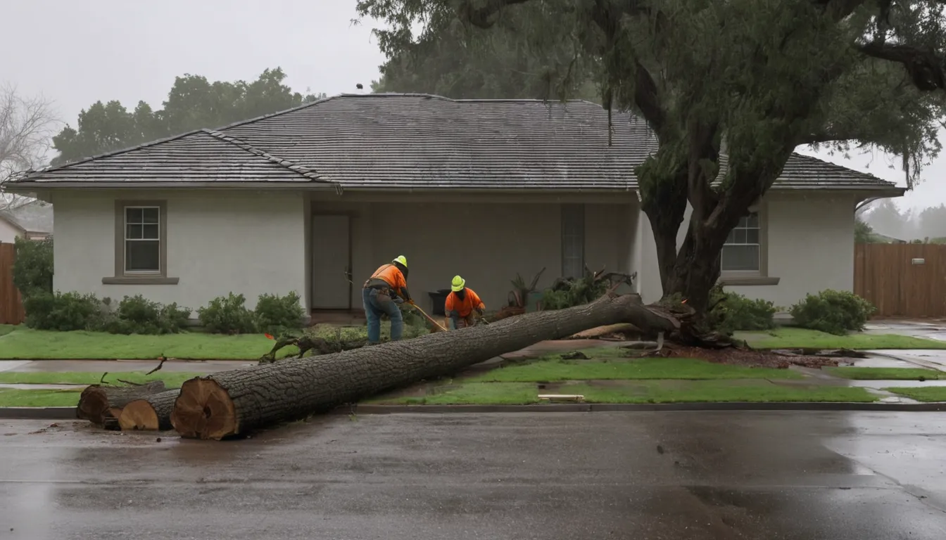 Provider crew safely removing a fallen tree from beside a stucco ranch home in Pinole