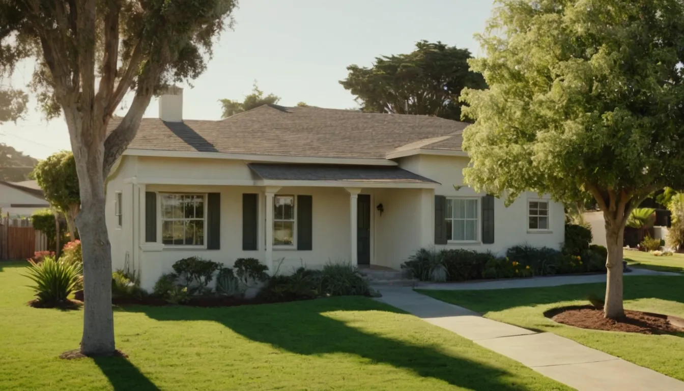 A calm residential street in Pinole with a tall tree beside an older stucco home