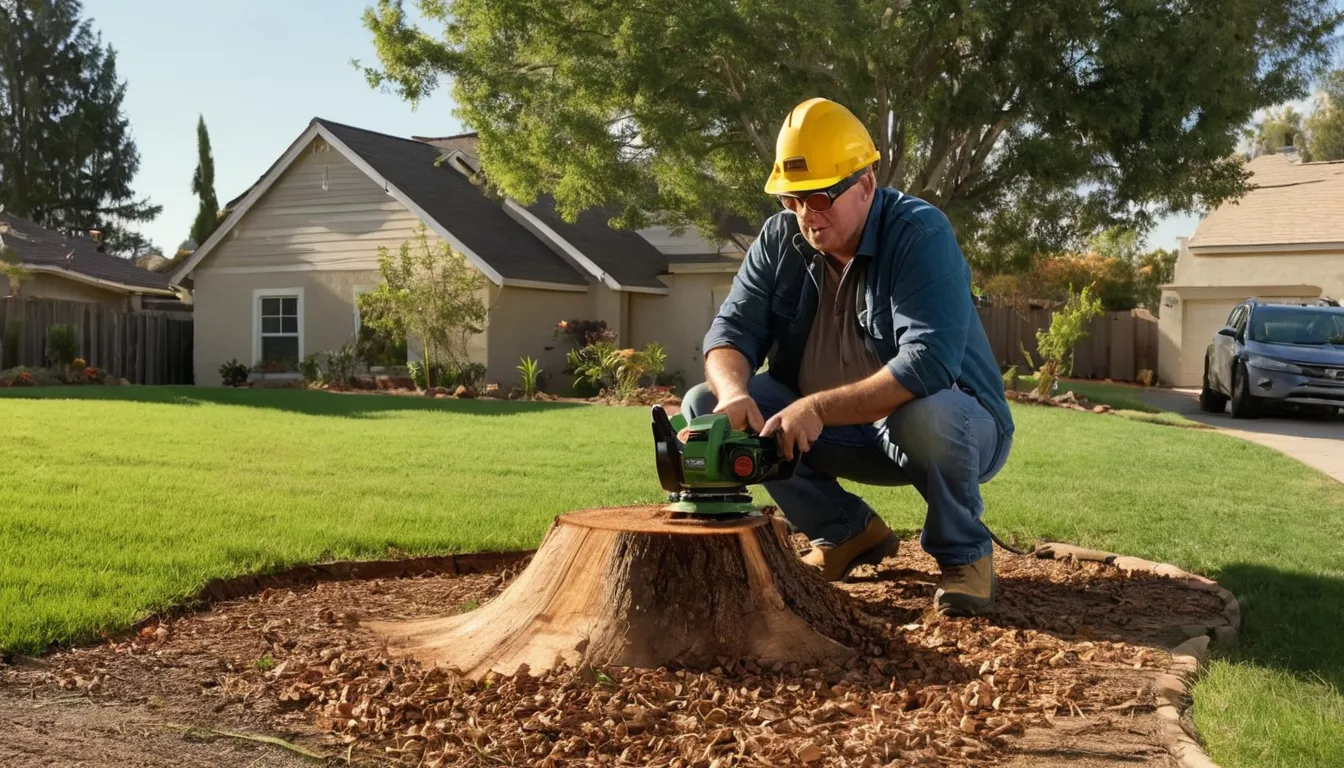 Stump grinder cutting an old tree stump in a residential yard in Pinole